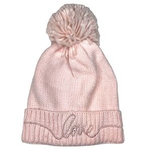 Jenni Pink Love Embroidered Pom Pom Beanie Winter Hat Size OS Outerwear